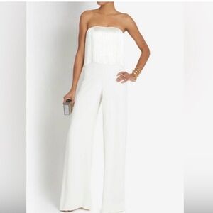 NWT Alexis Fringe Dramatic Jumpsuit Cream Wide Leg Strapless Large $700 Retail